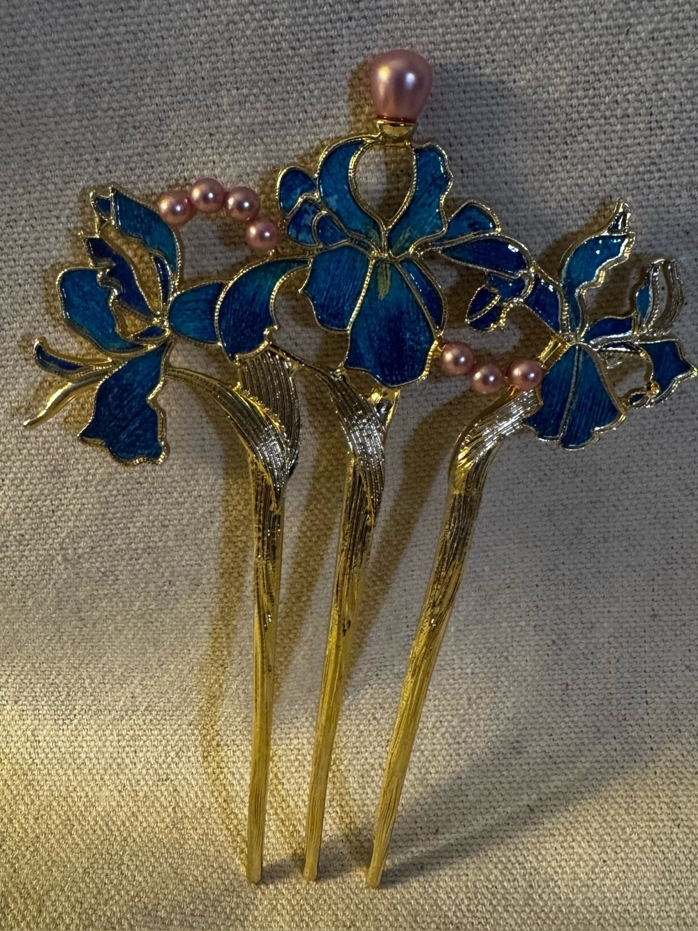 Elegant Blue & Green Enamel & Faux Pink Pearls Floral Gold Tone Metal Hair Fork